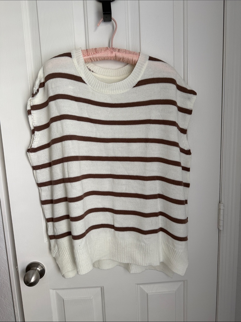 Relaxed Cream & Brown Striped Sleeveless Crew Sweater